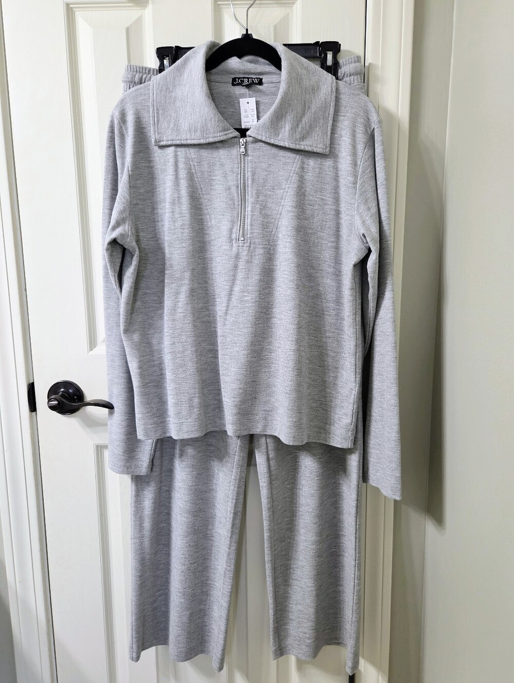 NWT J. Crew Womens Matching Set Gray Soft Rib Quarter Zip Sweater/Wide Leg Pants